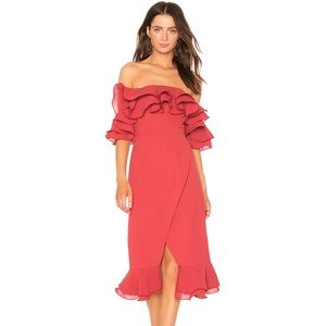NEW! Revolve C/MEO Collective Immerse Ruffle Off Shoulder Midi Dress in Rose